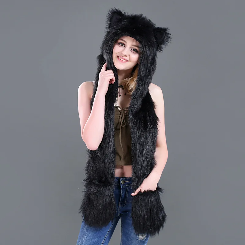 Hot sale winter Europe and America imitation fur hat plush animal cute cartoon scarf gloves one spot NV070 |