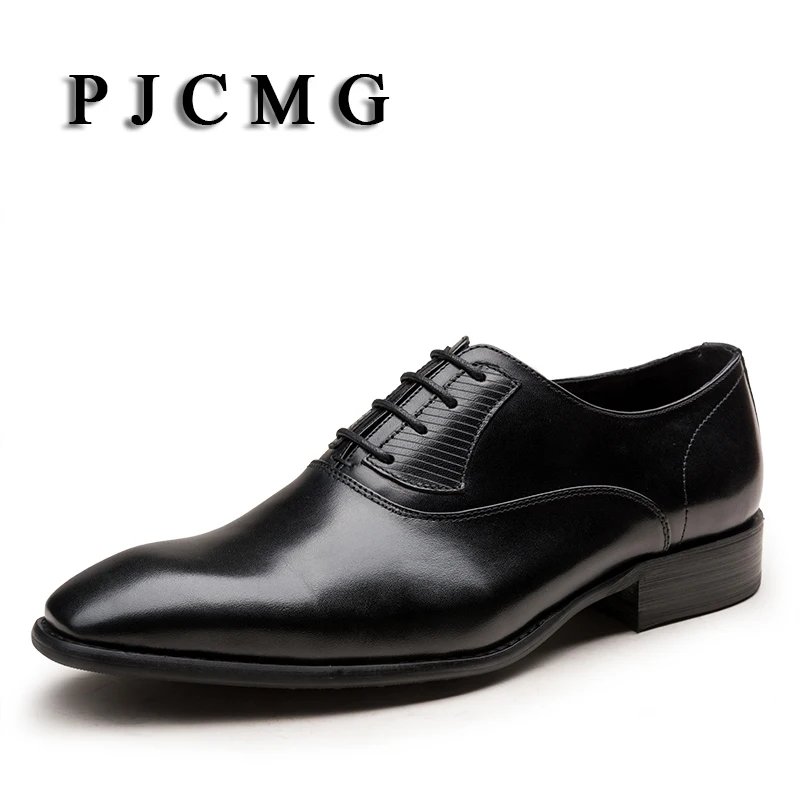 

PJCMG Fashion High Quality Wine Red/Black Formal Oxfords Business Genuine Leather Lace-Up Dress Breathable Mens Wedding Shoes