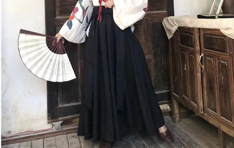 Black Long Skirt ЯПОНСКИЕ ВИНТАЖНЫЕ цветочные кимоно для женщин на шнуровке с длинным рукавом рубашки корейский цветочный принт Boho пляжные блузки для девочек Hanfu кардиган - Цвет: Black Long Skirt