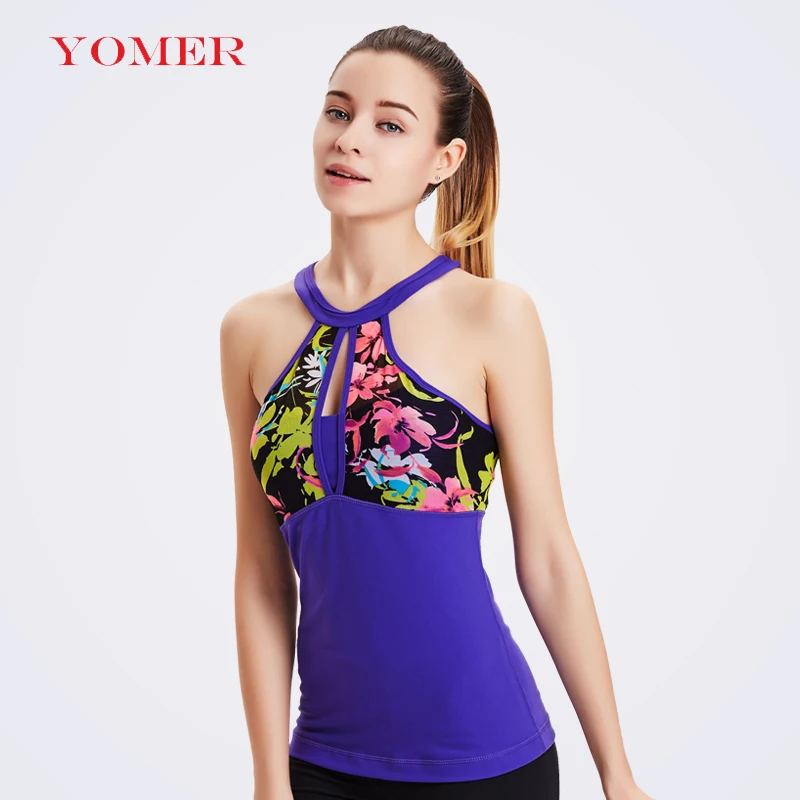 Yomer сексуальный цветок печатных Для женщин рубашка Йога Топ быстрый сухой Бег