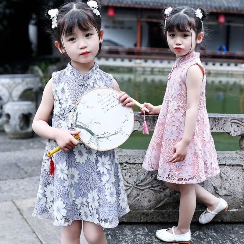 

2019 New Traditional Chinese Cheongsam Dress Summer Lace Sleeveless Kids Hanfu Dress Qipao Tang Suit For Children Kids SL1028