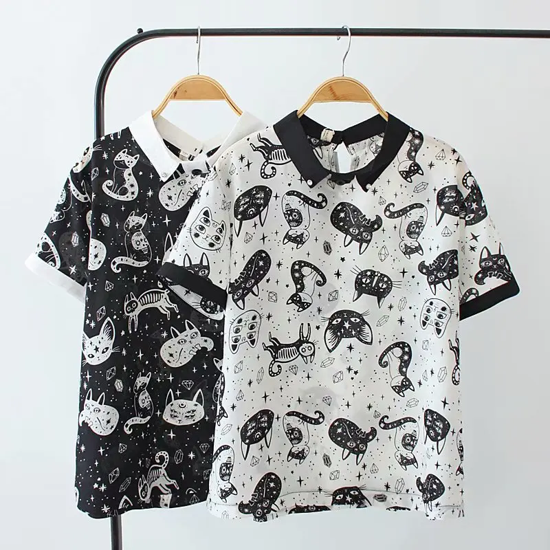 

Summer Women's Cltohing New Tops Shirts 2019 Large Size Women's Chiffon Cartoon Cat Short Sleeved Shirt Plus Size Blouses