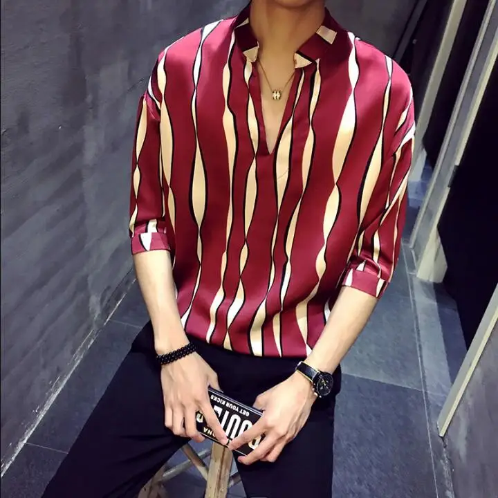 Sunwang мужские рубашки пуловер летние полосатые s Social Camisas Para Hombre v образный вырез