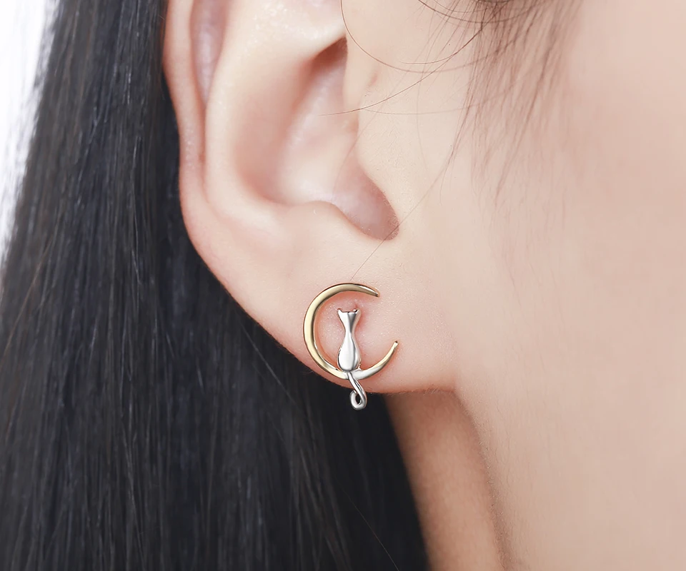 Серьги-пусеты с желтой Луной и кошечкой из стерлингового серебра 925 пробы женские