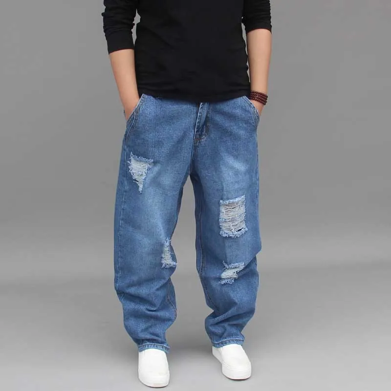 Fashion Harem Denim Pants Men Casual Hip Hop Ripped Jeans Distressed Low Crotch Hole Loose Baggy Cotton Trousers Male Clothes