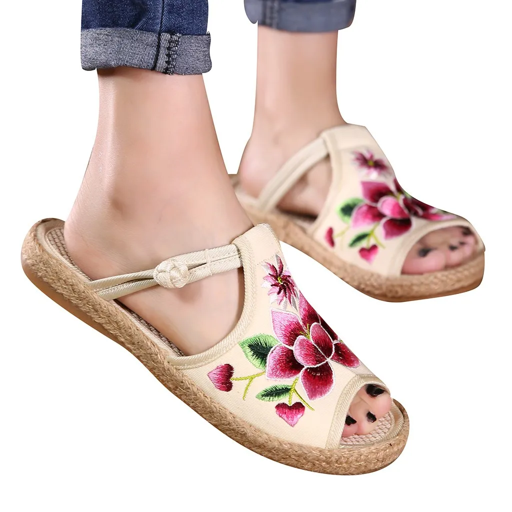 SAGACE/Новинка женские тапочки с вышивкой открытым носком в национальном стиле