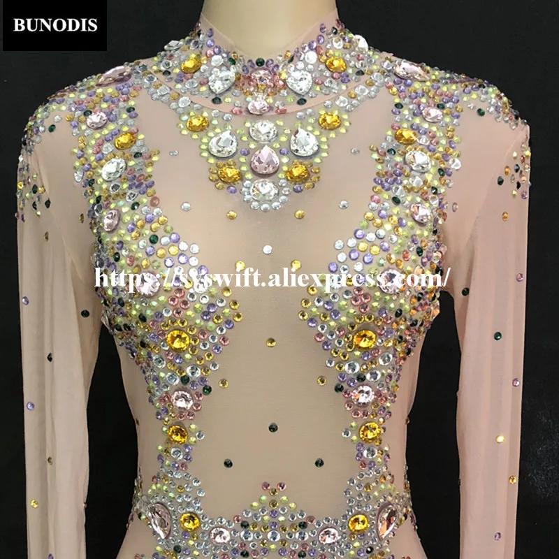 BU36601 Net Yarn Women Sexy Jumpsuit Blazing With Colour Sparkling Crystals Bodysuit Nightclub Party Stage Wear Bling Costumes | Женская