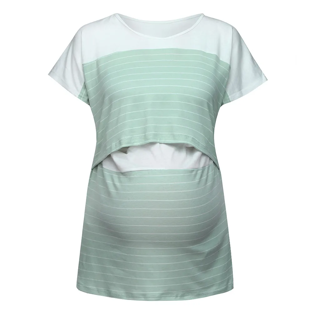 Mint Green Женские топы в полоску с короткими рукавами для беременных и кормящих детей; футболка; ropa de embarazadas mujer zwangerschap kleding; блузка - Цвет: Mint Green