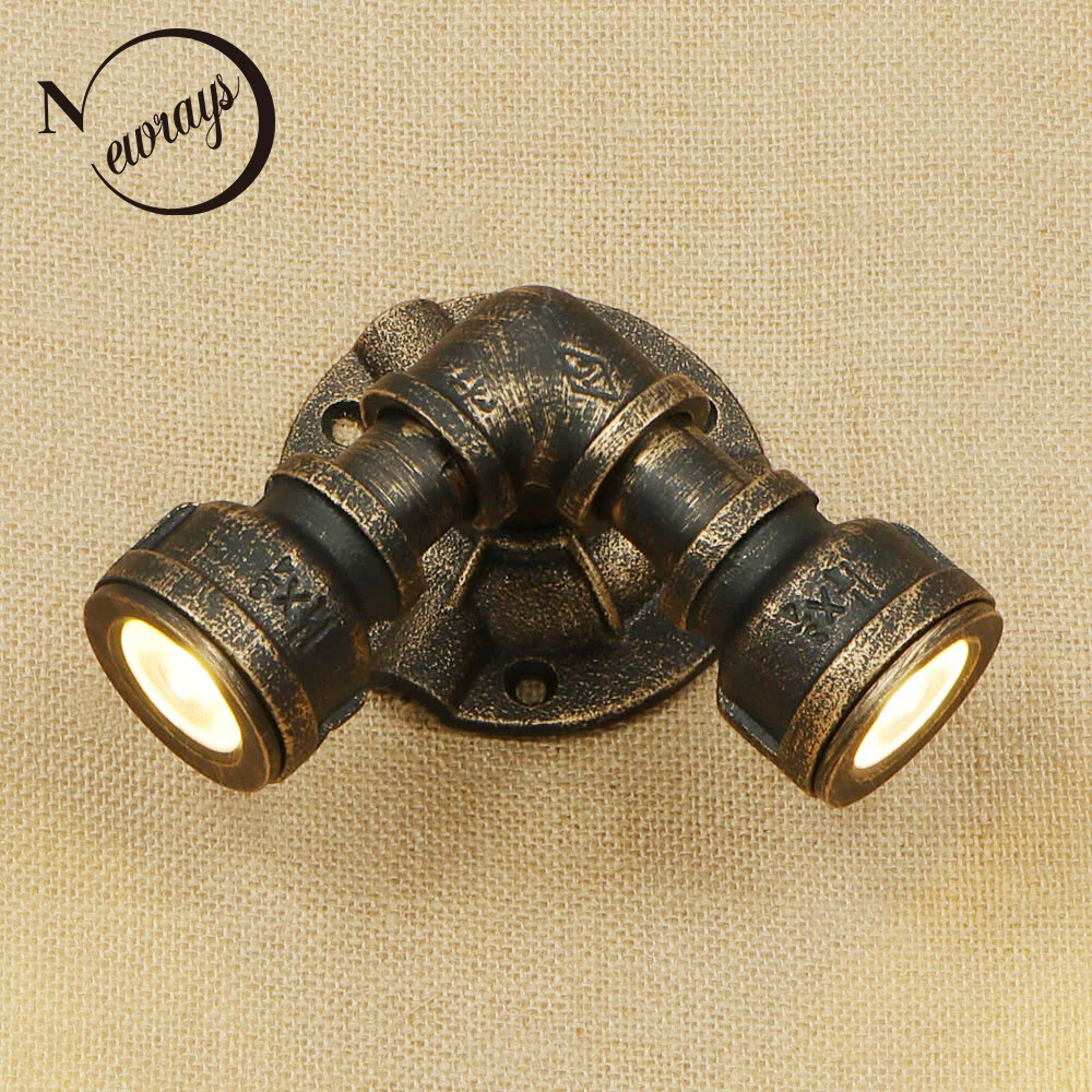 

LED Loft Industrial iron rust Water pipe retro wall lamp Vintage sconce 2 lights for living room bedroom restaurant kitchen bar