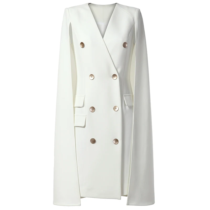 

New fashion V collar double breasted suit dress 2018 new female spring formal white cloak