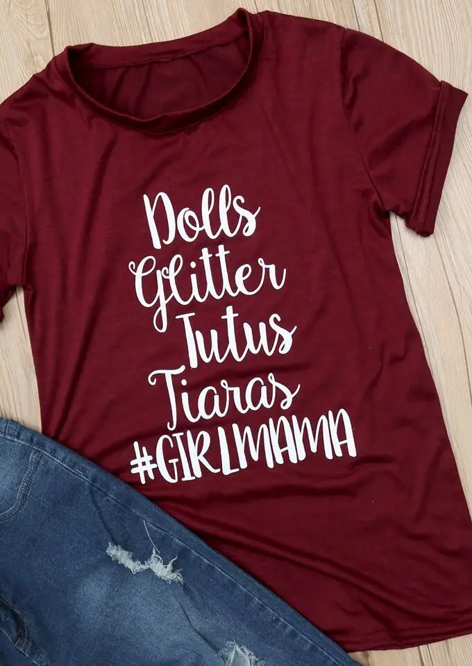 Women Fashion T-Shirts Dolls Glitter Tutus Tiaras Girl Mama Short Sleeve Round Neck Basic Top Letter Printing Red Casual Tee | Женская