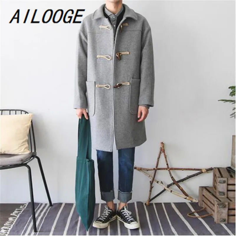 Light grey AILOOGE, тонкое Мужское пальто, шерсть, воротник, черный, корейский стиль, вещевой человек, пальто, пуговицы, Harajuku, Casacos Masculino, мужские длинные пальто - Цвет: Light grey