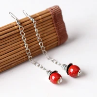 chinese ceramic beads drop earrings silver color flower long tassel chains charm dangle earring eardrop for women ethnic jewelry