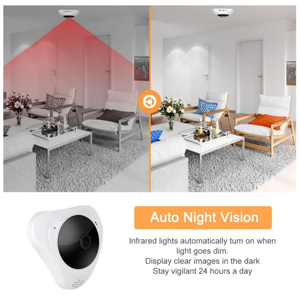 360 градусов панорамная ONVIF Wifi IP камера видеонаблюдения 1.3MP беспроводная рыбий