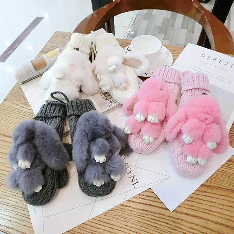 Женские перчатки без пальцев из искусственного кроличьего меха вязаные