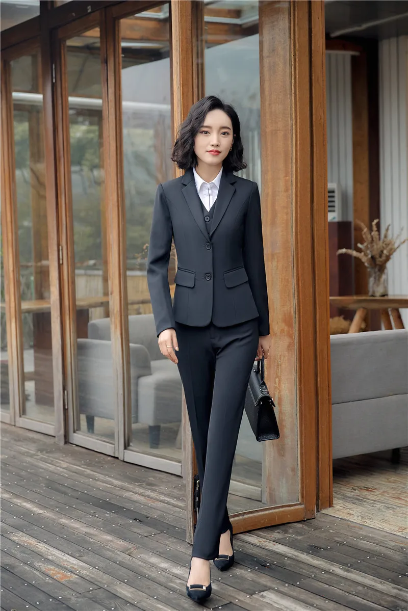 

Novelty Navy Blue 2018 Fashion Uniform Designs Pantsuits With Jackets And Pants For Business Women Pants Suits Ladies Blazers