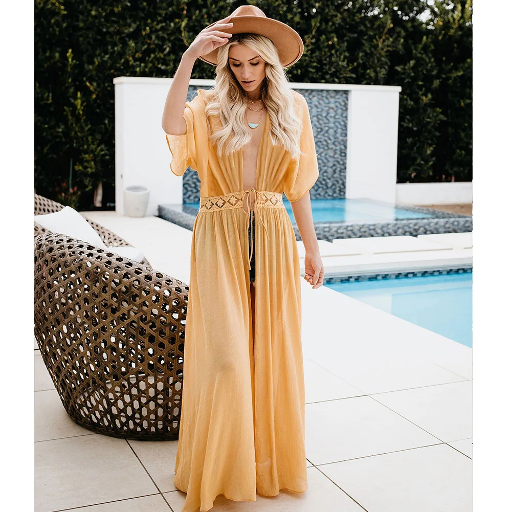 Однотонные свободные V образным вырезом богемное пляжное Макси платья для женщин