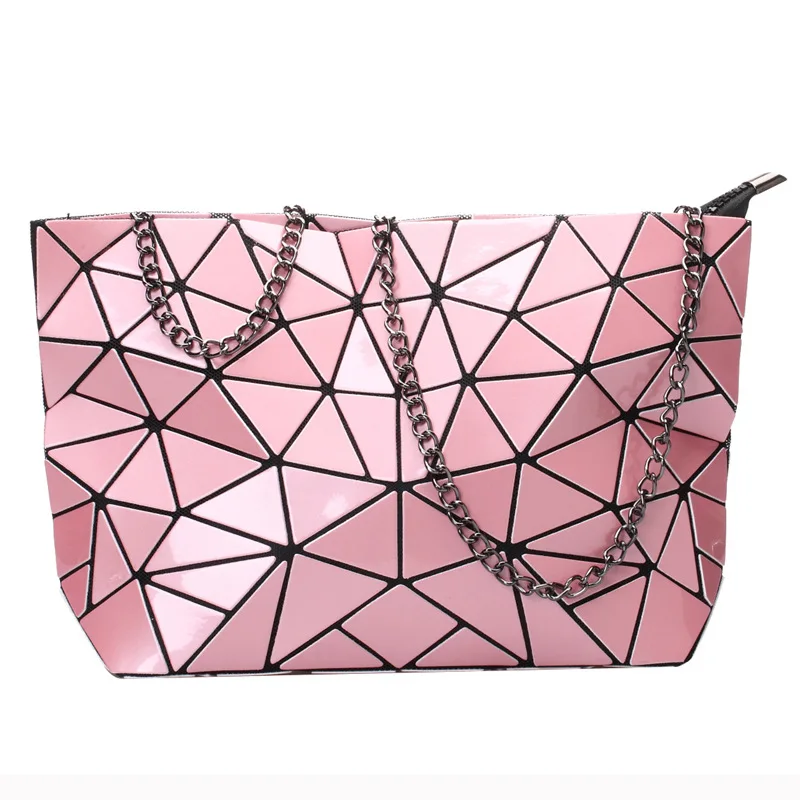chain Pink Модная Складная Повседневная Сумка-тоут женская верхняя одежда с геометрическим узором-ручкой женские Наплечные сумки из полиуретана Дамская ромбовидная сетка с блестками простая дамская сумочка - Цвет: chain Pink