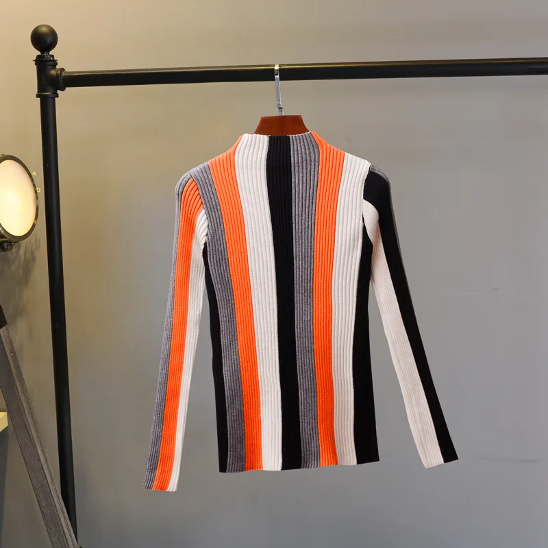 2018 Women Vertical Striped Patchwork Sweater Autumn Winter Turtleneck Long Sleeve Knitted Cool Pullovers Tops Korean | Женская одежда