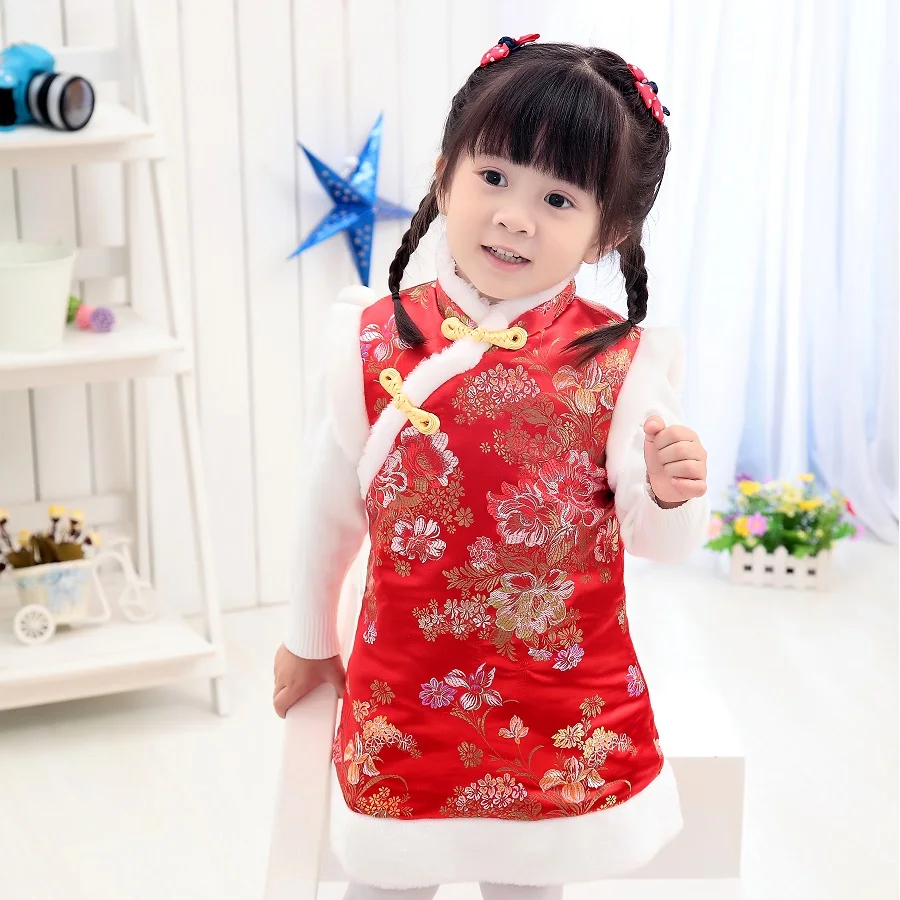 Детские стеганые куртки для девочек Qipao платье без рукавов Tang зимний жилет |