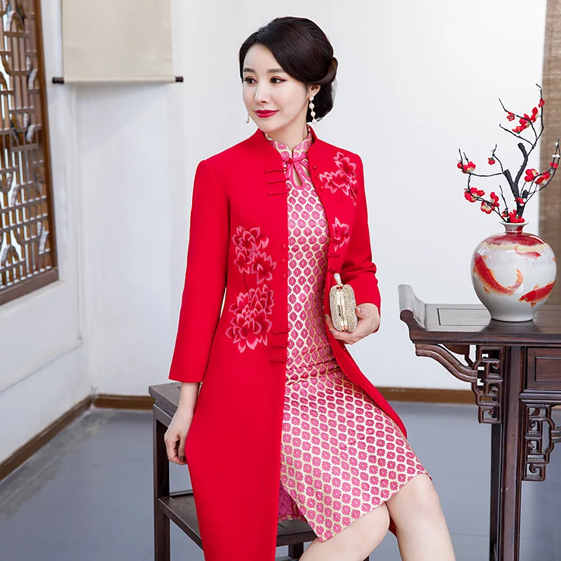 Новое поступление осень зима Китайская традиционная Женская 2 шт Qipao шерсть чеонгсам Новинка китайское торжественное платье Размер M L XL XXL