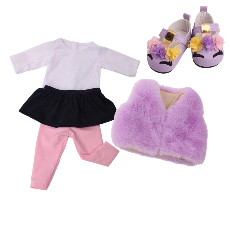 

18 inch Girls doll clothes fur suit pink pant flared trousers with shoes American born dress Baby toys fit 43 cm baby dolls c701