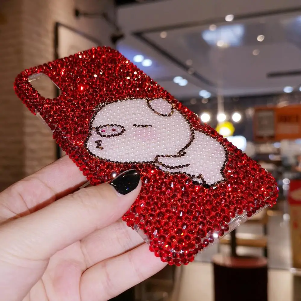 For iPhone XS Max Luxury Pig Bling Crystal Diamond Cover for iphone XR X 6 6S 6SP 7 7P 8 8plus Festive Red stones case +strap |