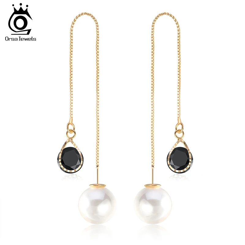 Gold black color ORSA JEWELS Женские Висячие серьги длинная водяная капля черный AAA CZ розовое золото цвет имитация жемчуга девушка двойные серьги ювелирные изделия OME27 - Окраска металла: Gold black color