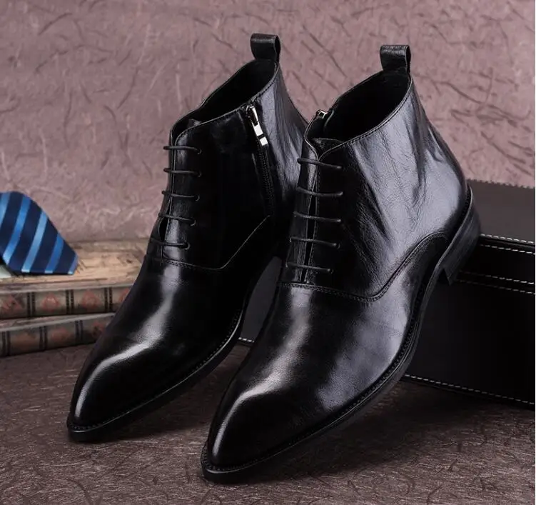 Ботильоны С Острым носком Классическая мужская обувь из натуральной кожи с