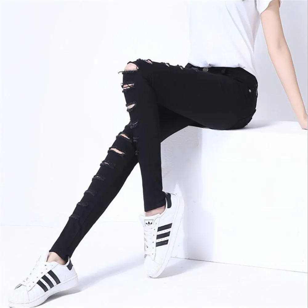 Whole cotton Hollow out hole Elastic force Pencil pants Leggings high waist jeans woman skinny women jeans mujer jean plus size - Цвет: Черный