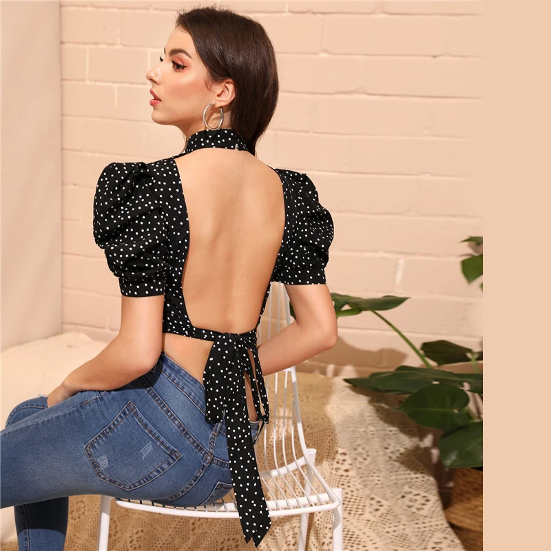 SHEIN, сексуальная черная блузка с воротником-стойкой, пышным рукавом и узлом, открытая спина, Топ в горошек, женская летняя блузка,, облегающие Блузы для улицы