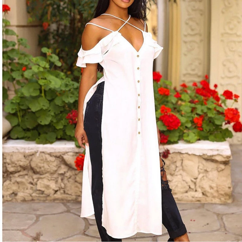 

New 2018 Sexy Womens High Cut Sleeveless Asymmetrical Hem Ink Print Long Maxi Dress Kaftan