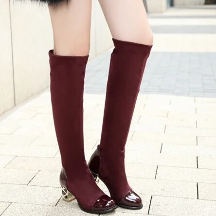 New Nice Japanned Leather Patchwork Knee High Women Motorcycle Boots Elastic Thick Heel Riding Shoes Woman Big Size 26-62 | Обувь