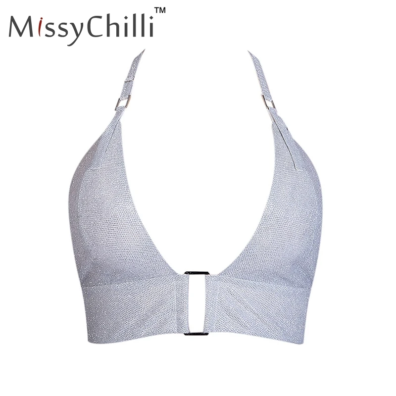 MissyChilli сексуальный трикотажный топ с люрексом и лямкой на шее, женские летние топы с v-образным вырезом и пуговицами, женские серебряные вечерние майки с открытой спиной и майки