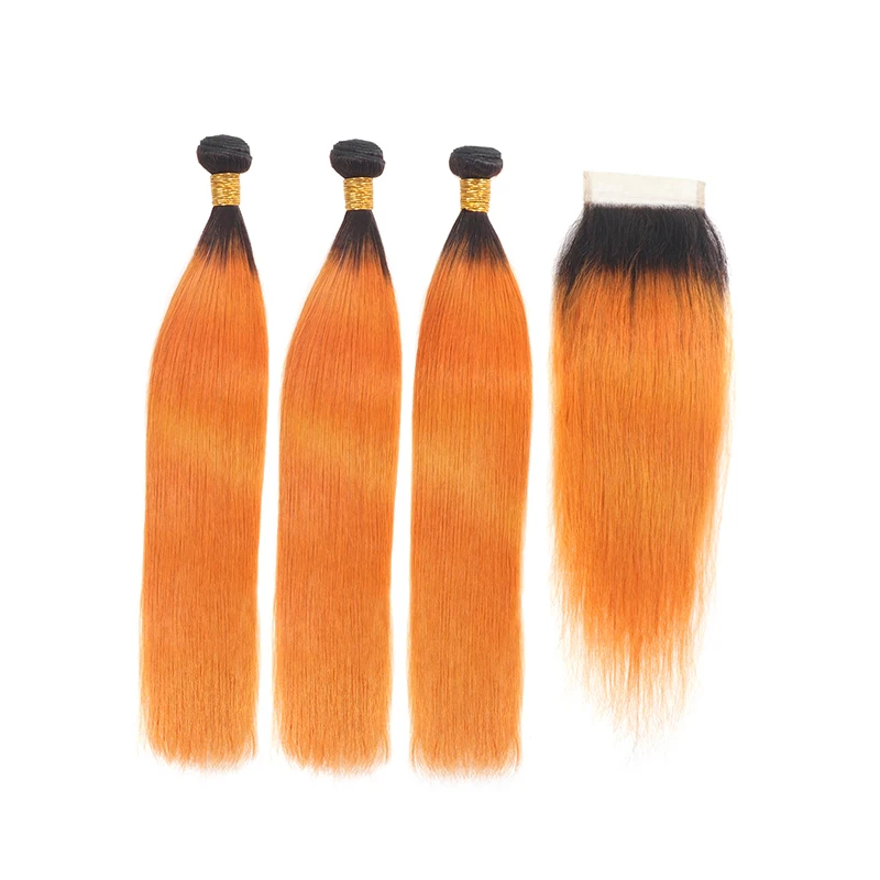 Tdhair Омбре пряди с закрытием 1B/Orange бразильские волосы ткать Омбре прямые человеческие волосы 3 пряди с 4*4 закрытием для женщин