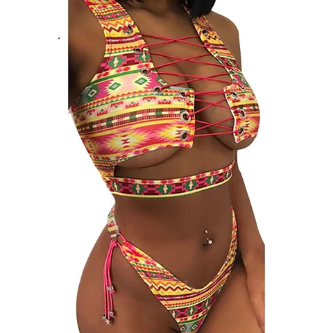 Bikini 2023 Tankini Swimsuit Sexy Bandeau Push Up New African Print Thong Lace Up Swimwear Biquini Bathing Suit Women Bikini Set