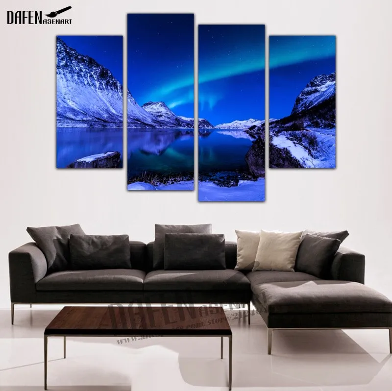 4 панели Настенная картина в рамке ночь Аврора Borealis снег изображение горного