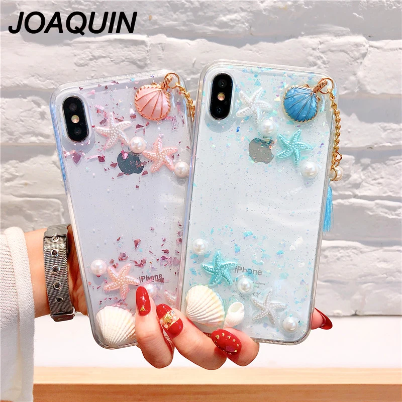 Beach Shell Starfish Phone Case for iPhone X Ocean Pearl Pendant Soft Candy color 3D Transparent 6 6s plus 7 8 |