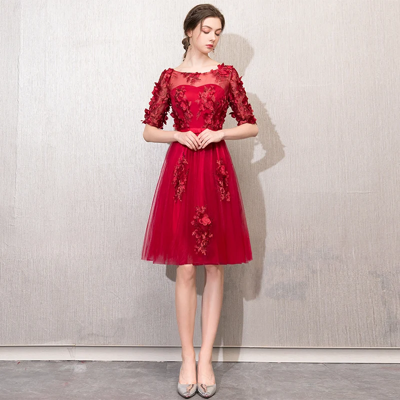 Robe de soiree винно Красное длинное вечернее платье с круглым вырезом и аппликацией