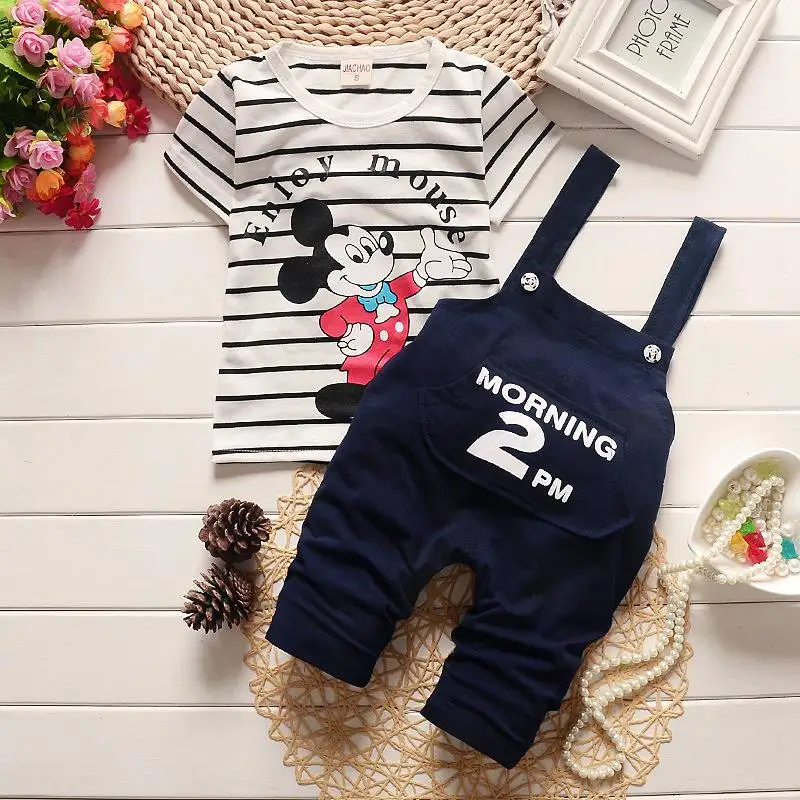 Тёмно-синий Одежда для маленьких мальчиков clothes2019spring Микки Мышь клетчатая футболка с длинными рукавами+ пояс, Штаны комплект из 2 предметов Beibei спортивный костюм костюмы с футболкой для младенцев Костюмы - Цвет: Тёмно-синий