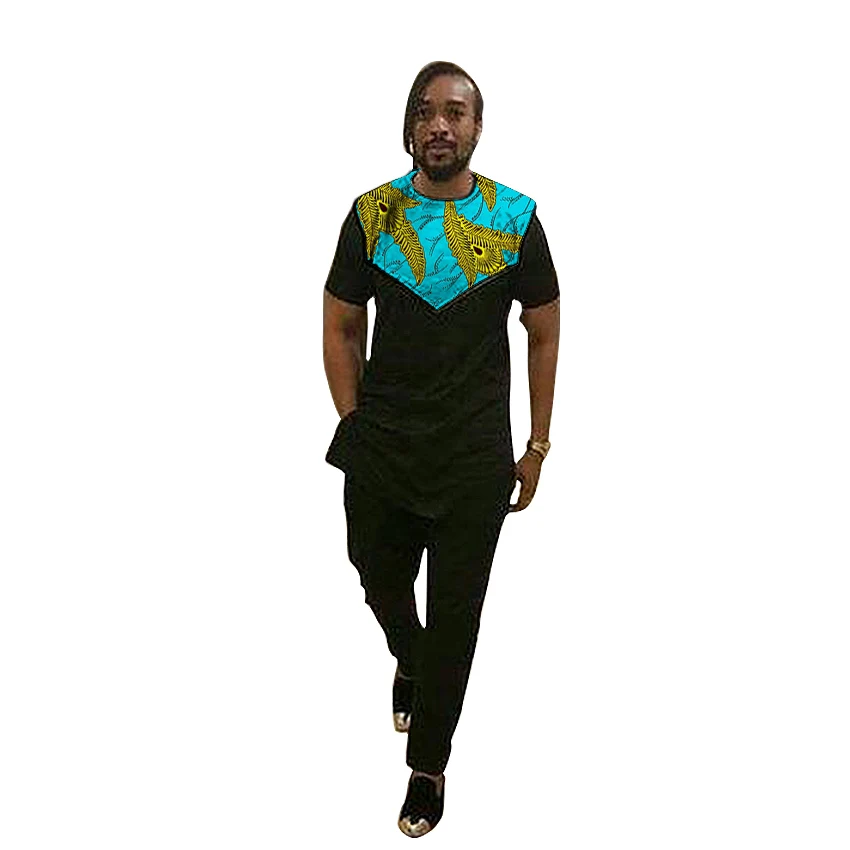

Africa Print Man Shirts Dashiki Fashion Pant Sets Black Top+Trouser 2 Pieces Patchwork Men's Outfit For African Gatherings