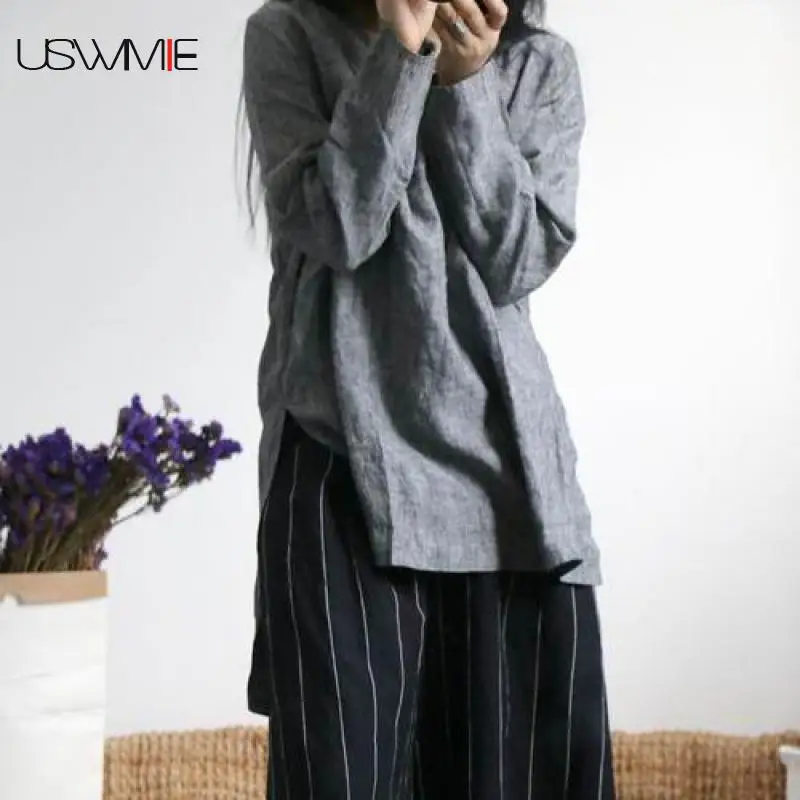 

USWMIE 2020 Summer T Shirt Women New Simple Casual Joker O-neck Solid Color Long Sleeve Irregular Hem Comfort Flax Gray Tops