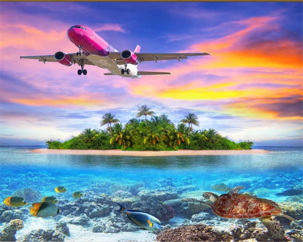 

Beibehang papel de parede Custom wallpaper 3D HD Underwater World Turtle Island Airplane Background Wall 3d wallpaper murals