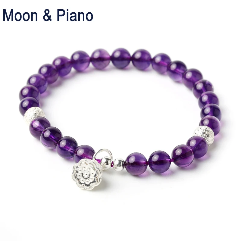 

Natural Purple Amethyst 925 Sterling Silver Lotus Pendant Round Charm Bracelets Vintage Jewelry for Woman Wedding Gift