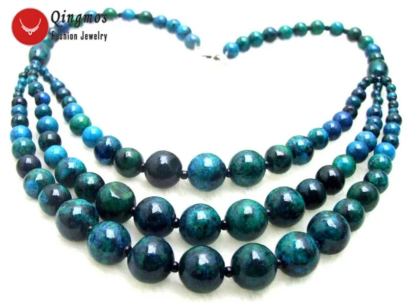 Qingmos 3 Strings Natural Chrysocolla Necklace for Women with 4-12mm Round Dark Green Chrysocolla Necklace Jewelry 20-22