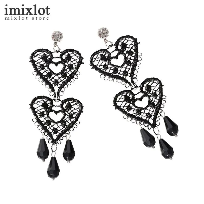 Imixlot Двойное сердце качает серьги для Для женщин Белый Черный Кружева