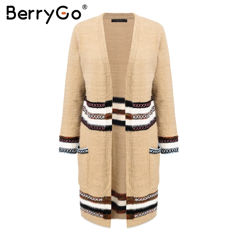 BerryGo Ethnic knitting long cardigan women 2018 Autumn winter sweater female Pockets split outwear jumpers |