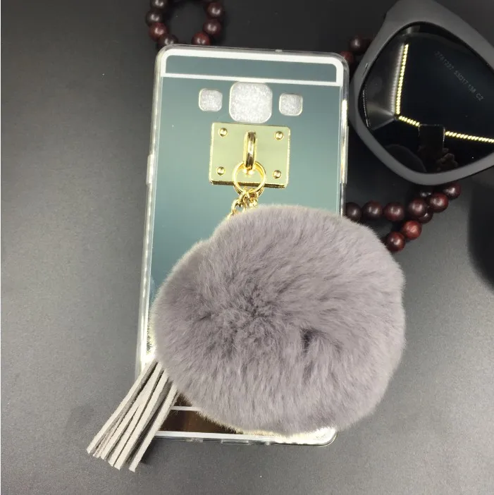 Ayeena For Samsung S3 S4 S5 Note 2 3 4 A3 A5 A7 Luxury Soft Plush Gray Real Rabbit fur pompom Fluffy Tassel Mirror Phone case |