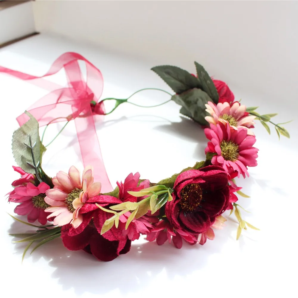 Women's delicate flower wreath festival Headband crown Red faux sunflower Prom |