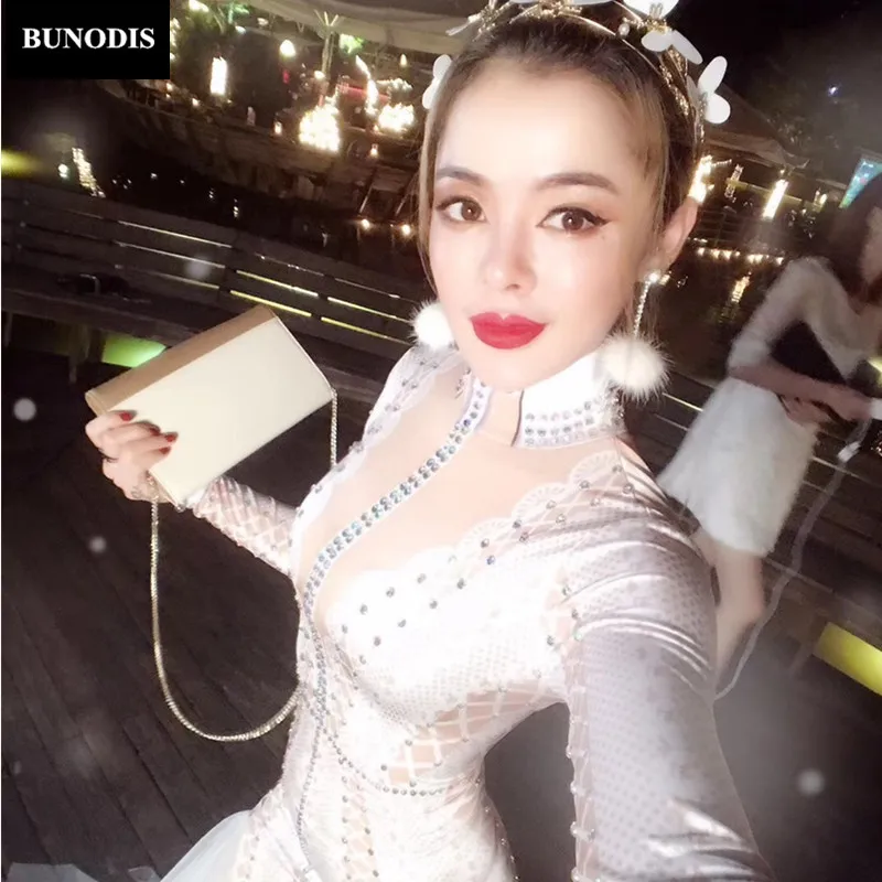 ZD006 White Long Skirt Sparkling Crystals Nightclub Party Clothing Stage Wear Costume Bling Women Outfit Birthday Clothed